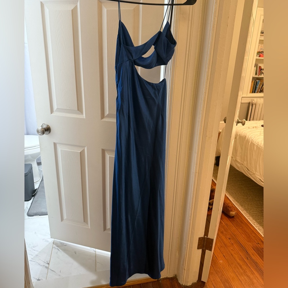 Hello Molly Oceanic Eyes Satin Royal Blue Cut Out Slit Sleeveless Maxi Dress S 4 - Picture 5 of 6